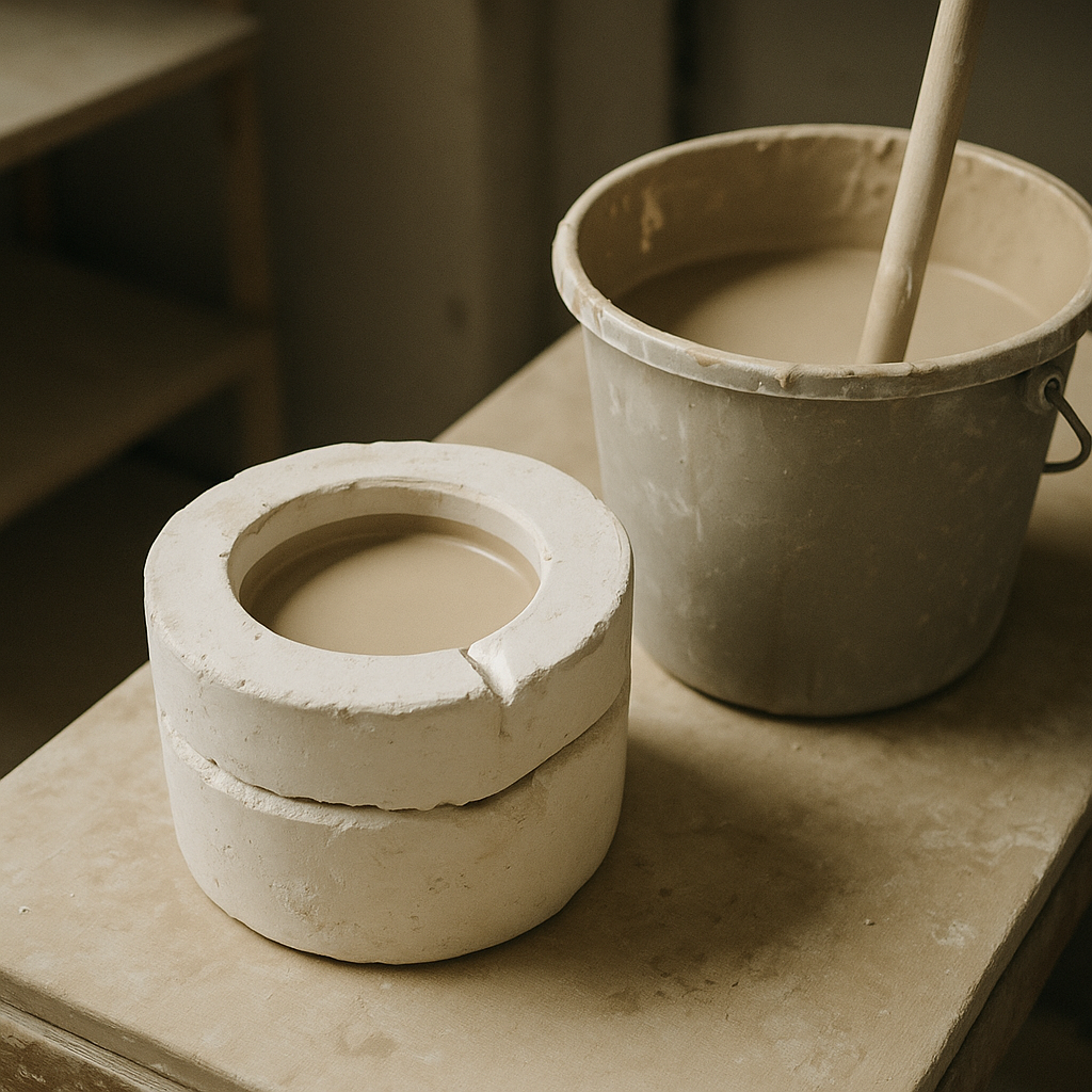 Gipsform und flüssiger Schlicker – Gießtechnik, sachlich fotografiert