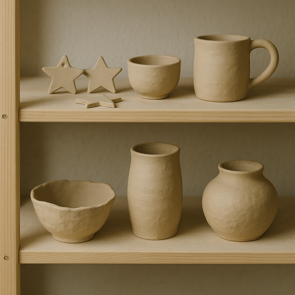 Regal mit ungebrannten Stücken und Werkzeug – dokumentarischer Blick